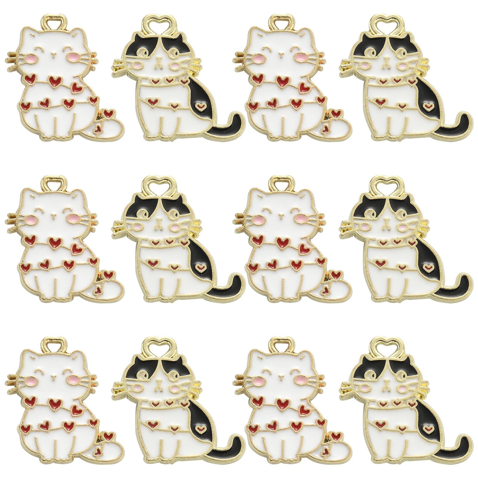 Stiesy 20Pcs 2 Styles Enamel Black White Cat Charms Pendants Kitten with Heart Charms Cute Animal Dangle Charms for DIY Crafts Bracelet Jewelry Making