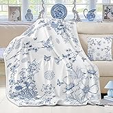 yuboo Blue White Floral Throw Blanket, Spring Chinoiserie Flower Gifts for Women Kids Girls, Soft Flannel Hummingbird Blanket for French Country Toile Coastal Grandmillennial Home Decor, 50 x 60In