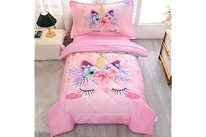 VIVILINEN Toddler Bedding Set for Girls 4 Piece Pink Cartoon Unicorn Toddler Comforter Set for Baby Kids Crib Toddler Bed Sheet Set Bed-in-a-Bag with Quilted Comforter, Flat Sheet, Fitted Sheet, Pillowcase
