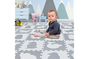 Yostrong 18 Tiles Interlocking Animal Puzzle Foam Baby Play Mat with Straight Edges for Playing - Rubber EVA Babies Crawling Mats for Floor. White, Light Gray. YOP-51(AL) b18S18