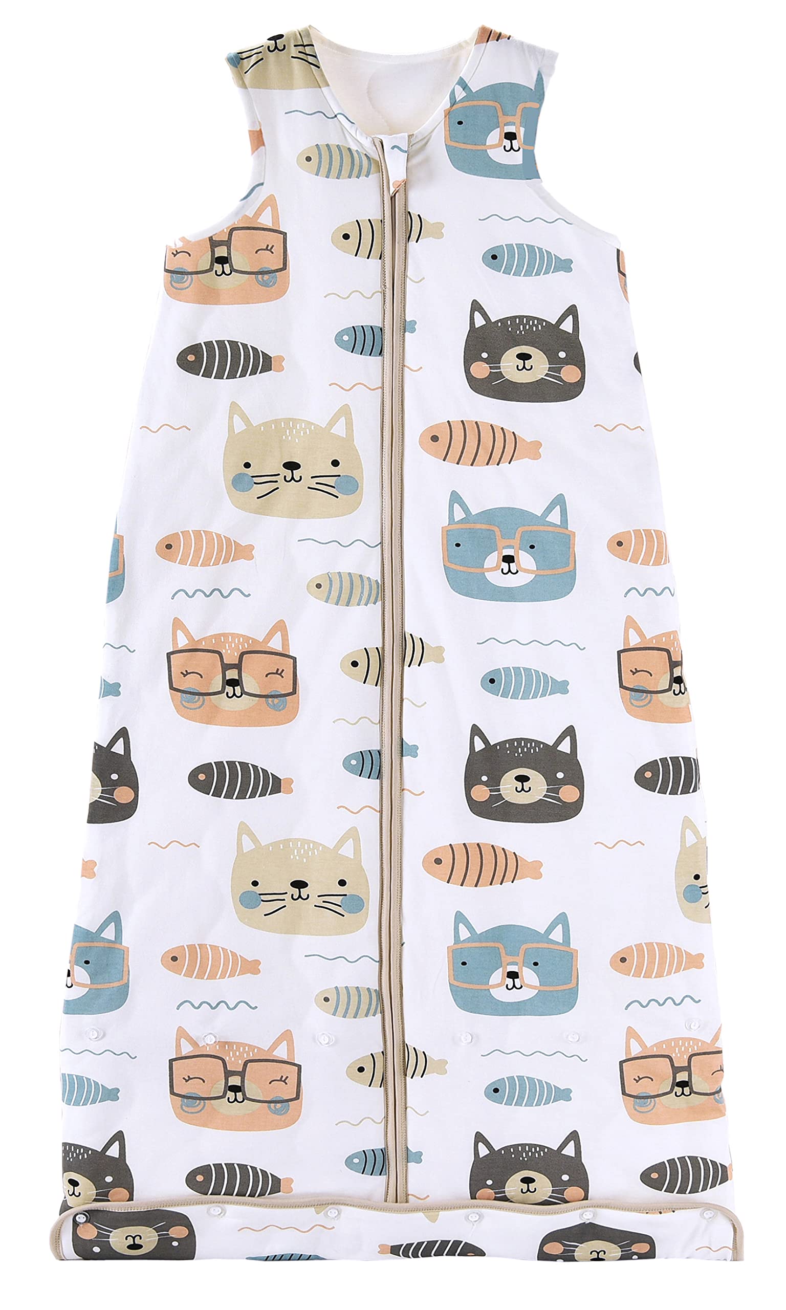 Chilsuessy Toddler Sleeping Bag 2.5 tog Baby sleeping bag, Adjustable length, Nursery Bedding Kids Wearable Blanket Cotton Sleeping Sack for Infant Boys Girls, Cat and fish, 90cm/1-2 Years