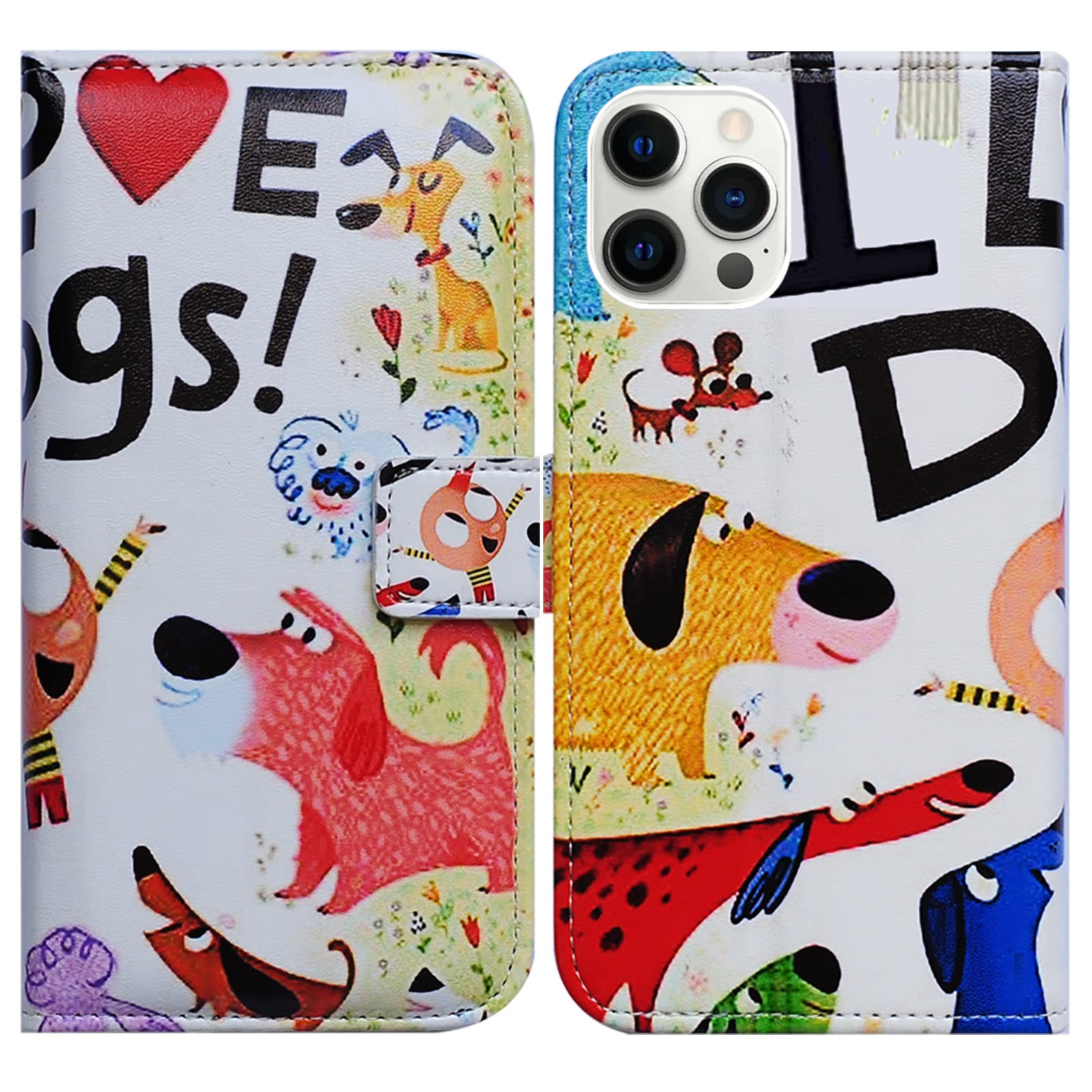 Bcov iPhone 13 Pro Case, Colorful Cute Dogs Leather Flip Phone Case Wallet Cover with Card Slot Holder Kickstand For iPhone 13 Pro