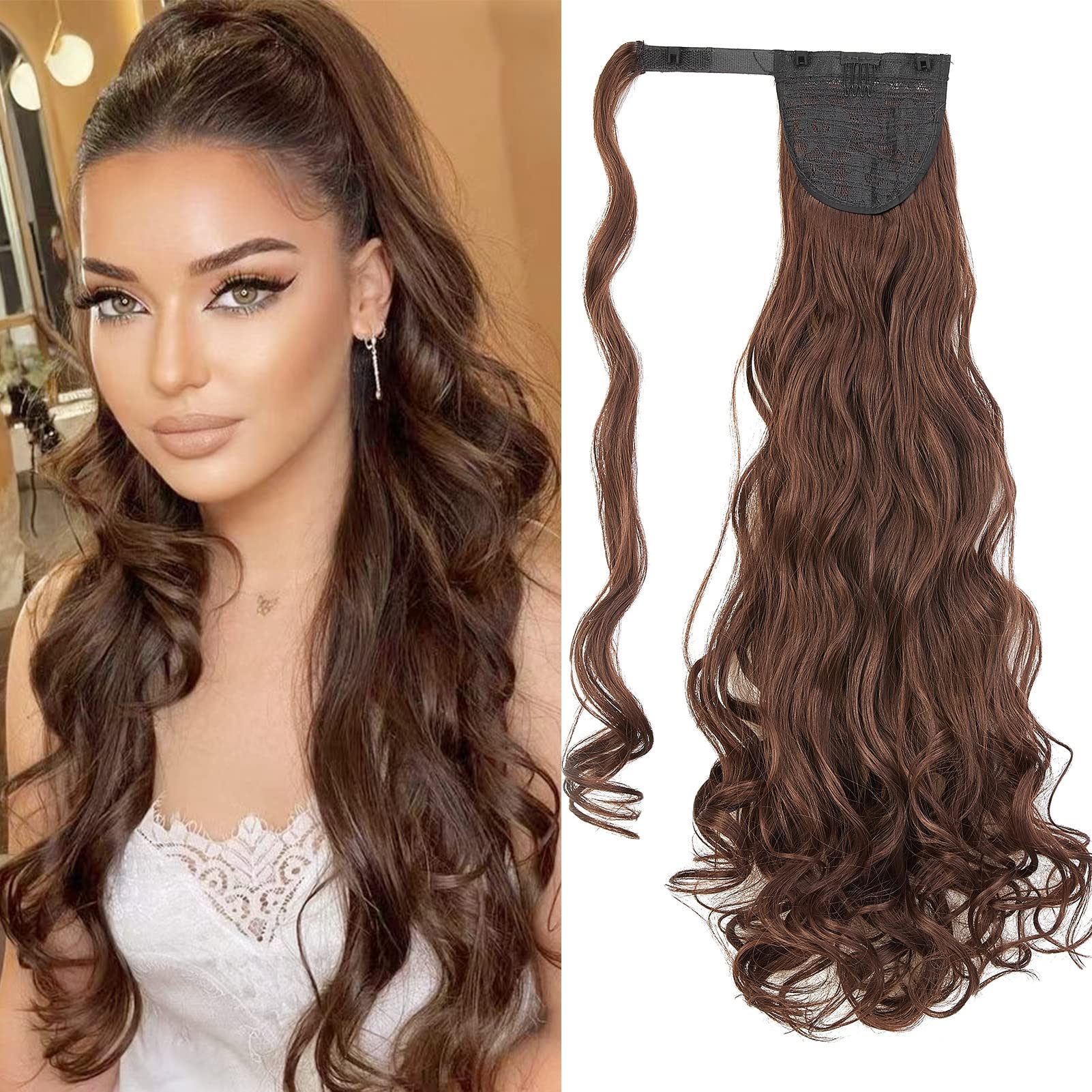 Gairyan Long Curly Ponytail Extension Wrap Around Clip in Ponytail Hair Extensions Wavy 24 inch Synthetic Hairpieces for Women Real Natural Look Wave (Dark Brown & Dark Auburn)
