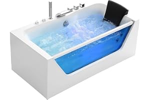Empava 59" Acrylic Alcove Whirlpool Bathtub Hydromassage Rectangular Jetted Soaking Tub with Center Drain 3-Side Apron Model 