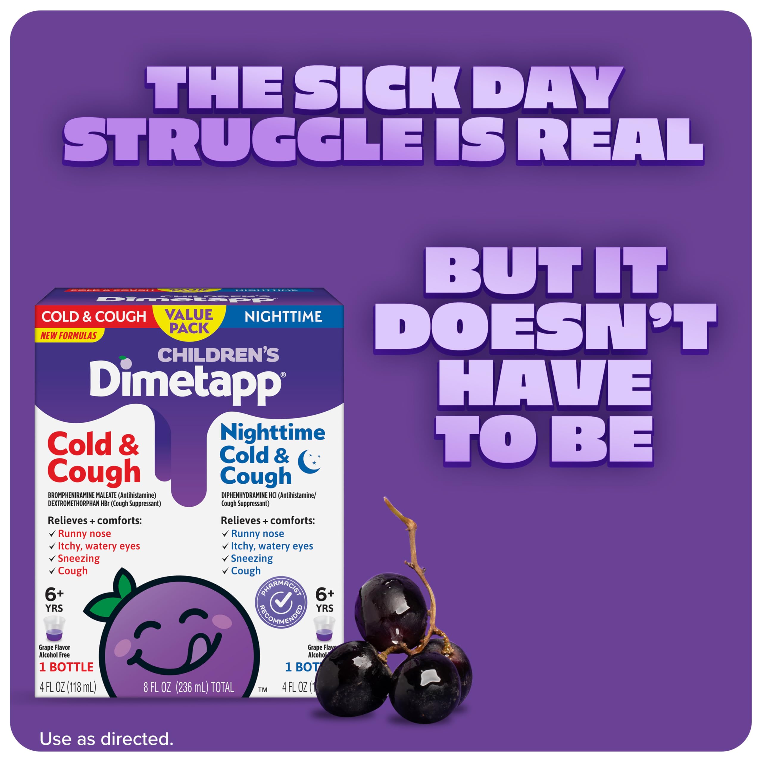 Children's Dimetapp Cold & Cough Value Pack, Antihistamine, Cough Suppressant, Grape Flavor, (2) 4 Oz Bottles – Packaging May Vary.