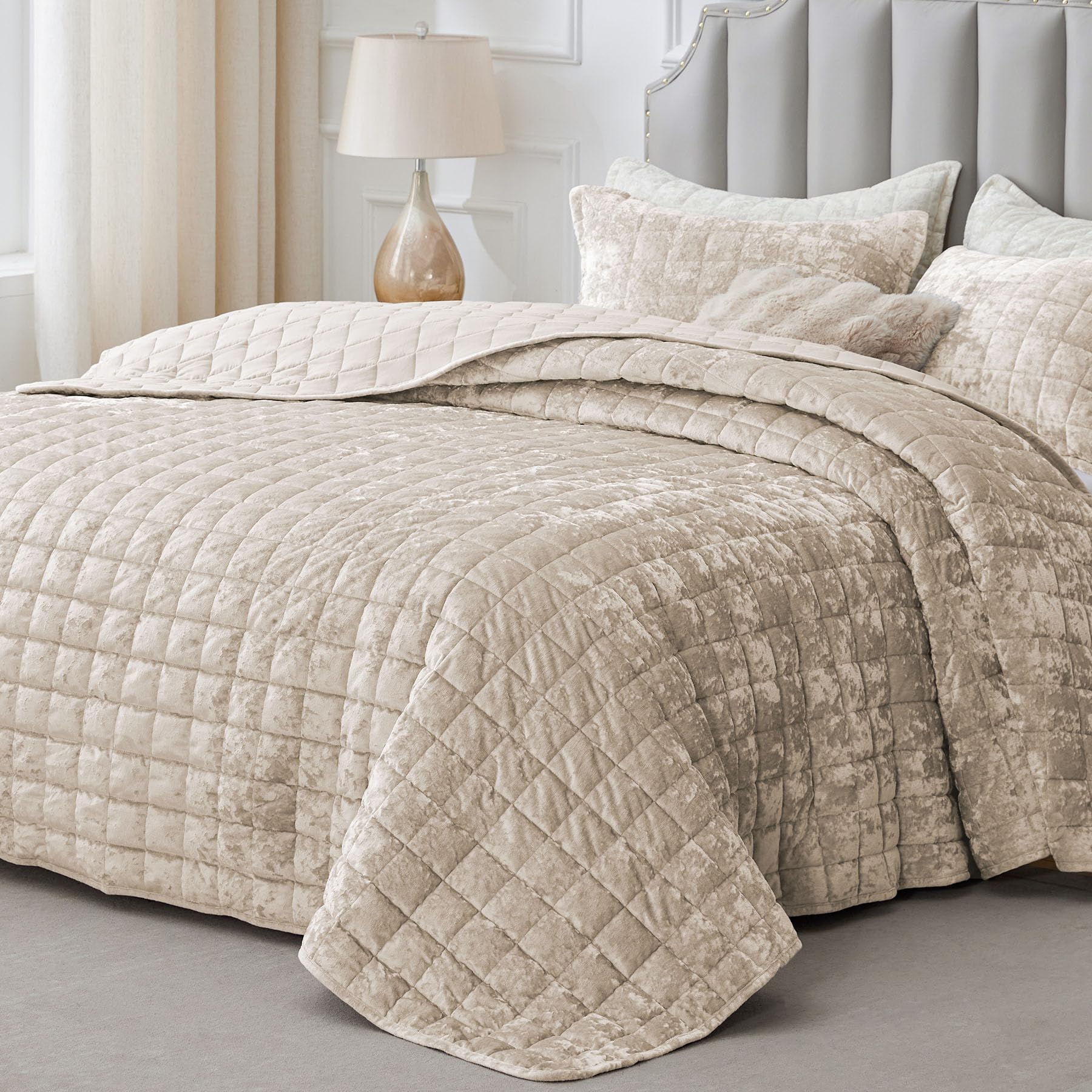 Photo 1 of BEDELITE Velvet Quilt Set King Size - Luxury Velvet Comforter Bedding Set 3 Pieces, Soft Cozy Urban Taupe Oversized Bedspread Coverlet for All Seasons with 2 Pillow Shams