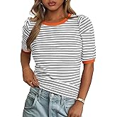 PRETTYGARDEN Womens Puff Short Sleeve Summer Tops 2026 Casual Ribbed Knit Work Basic Tees Crewneck Spring Striped T Shirts
