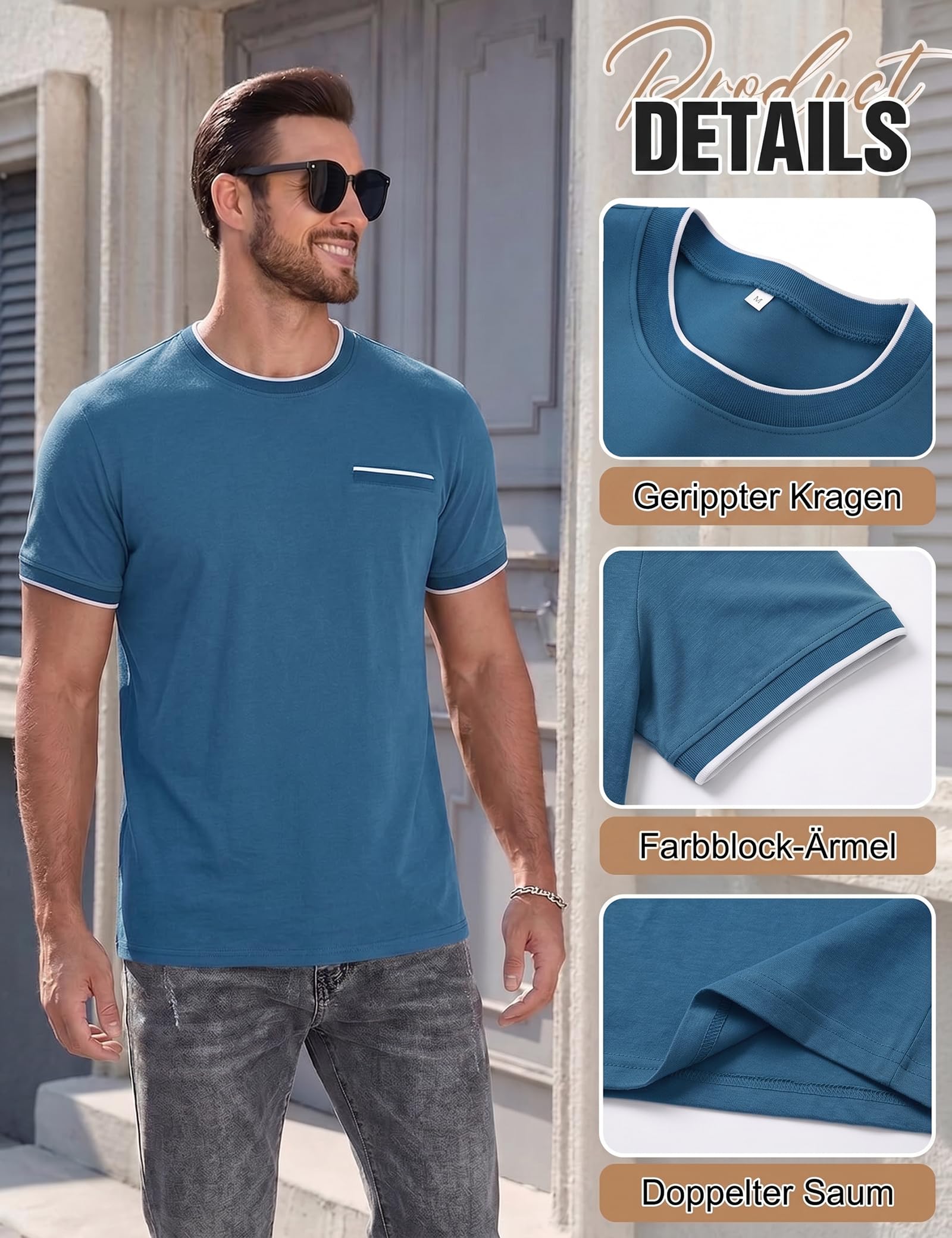 iClosam T-Shirt Herren Baumwolle Kurzarm Rundhals Color-Blocking Ärmeln Shirts Männer Sommer mit Dekorative Tasche,Blau,L 5