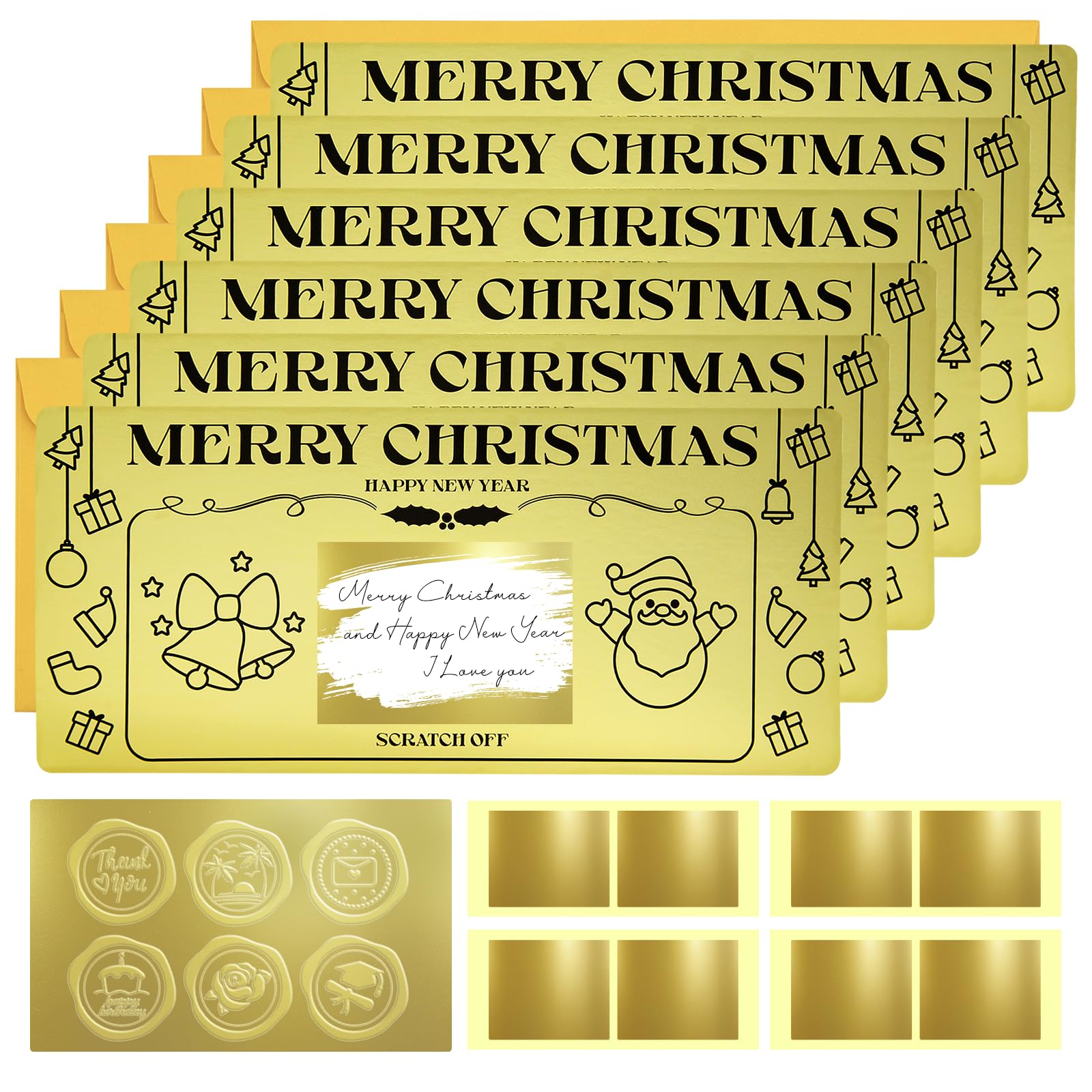 6 Set Christmas Cards with Envelopes, Christmas Scratch Card Surprise Gift Reveal, 20cmx9cm Happy New Years Cards, Golden Ticket for Writing Your Own Special for Girlfriend,Wive,Family,Friend,Kid