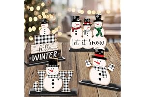 M AMFEOV 4 Pack Snowman Decorations Indoor, Winter Decorations for Home Table Centerpieces for Office, Snowman Table Decor Hello Winter Let it Snow and Joy Christmas Indoor Wooden Decor