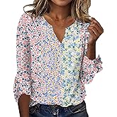 LOAIHA 3/4 Length Sleeve Womens Tops V Neck Floral Casual Bell Sleeve Tunic Shirt Bohemian Clothes Beach Boho Blouses