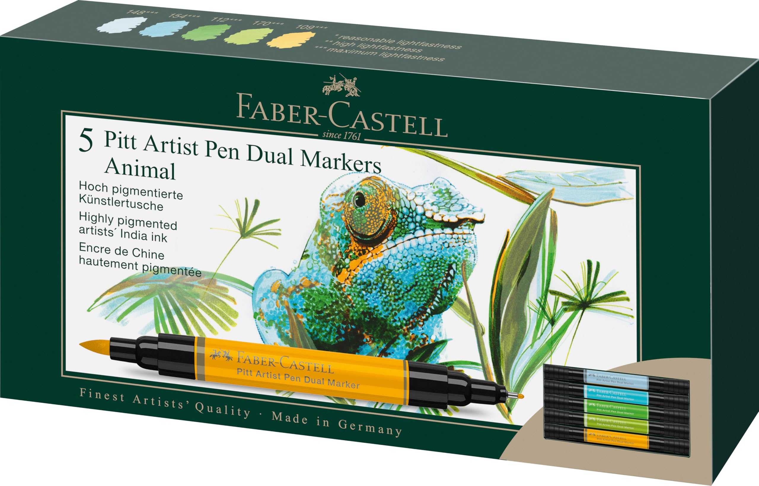 Faber-Castell Pitt Artist Pen Dual Marker, Animals Wallet of 5, Coloured Marker Pens, Drawing, Home Office, Art, Colouring