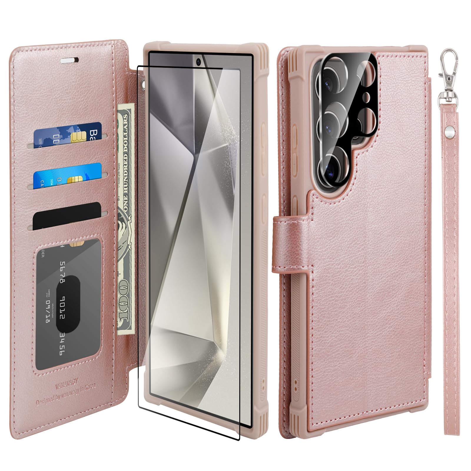 Photo 1 of VANAVAGY Wallet Case for Galaxy S24 Ultra with RFID Blocking Card Holder, [Screen Protector & Camera Lens Protector] PU Leather Flip Case with Strap for Wireless Charging,Rose Gold