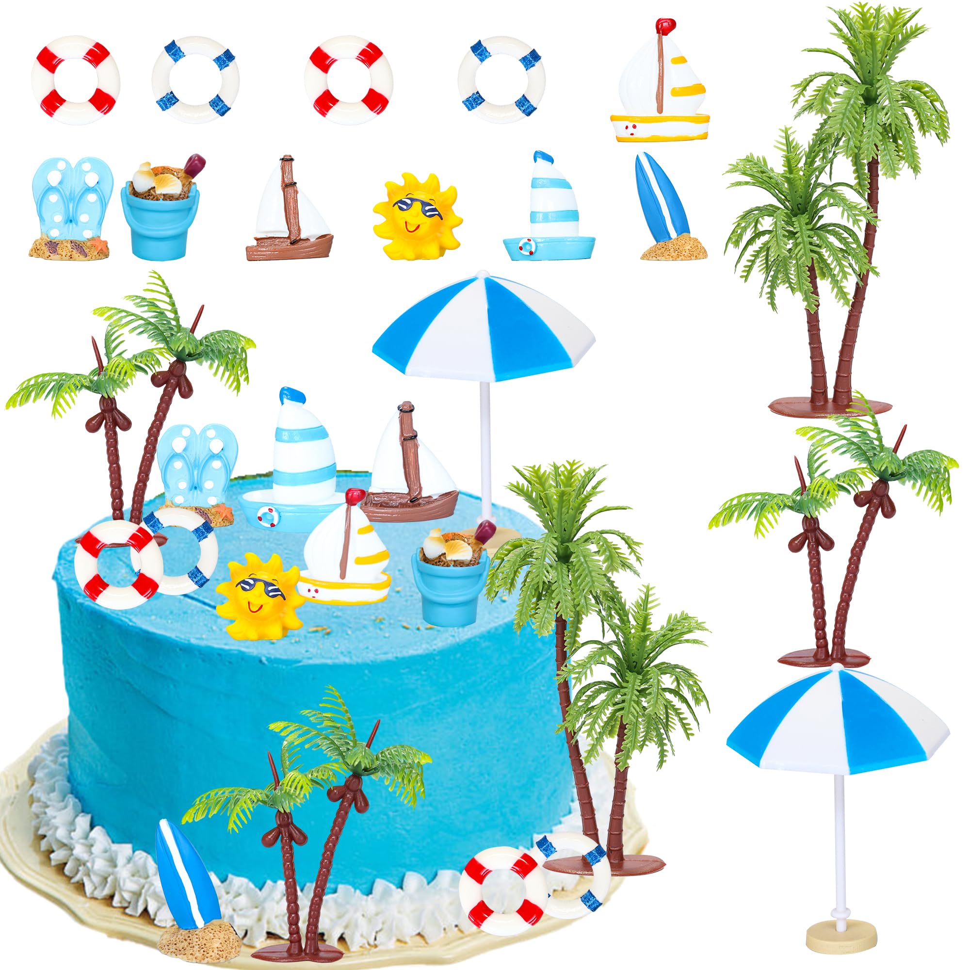 Photo 1 of Gyufise 15 Pack Hawaiian Beach Cake Topper Decoration Chair Umbrella Boat Palm Tree Beach Cake Toppers for Summer Tropical Aloha Baby Shower Birthday Wedding Party Cake Decorations Supplies Blue