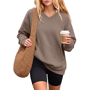ANRABESS Womens V Neck Long Sleeve Sweatshirts | Soft Comfy Fleece , Pullover Tops with Pockets, Loose Fit,Casual&Trendy, Dai