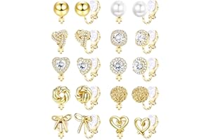 Florideco Clip on Earrings for Women 14K Gold Plated Cubic Zirconia Clip On Stud Earrings Non-Pierced Twist Knot Simulated Pearl Heart Earring Set