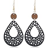 NONQL Handmade Lightweight Bohemian Retro Hollow Wooden Round Earrings Boho Big Teardrop Oval Circle Dangle Earrings for Women Statement Geometric Jewelry