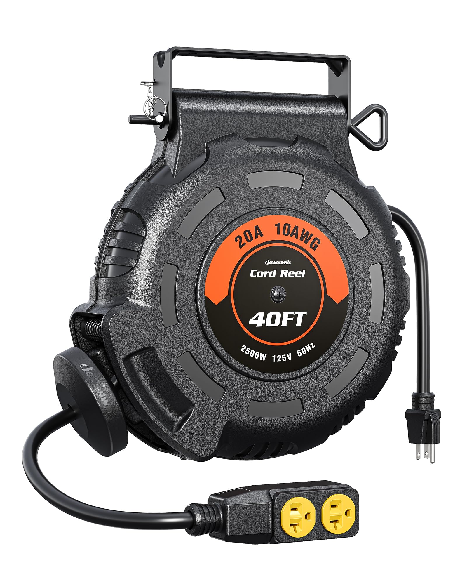 Photo 1 of **ISSUES WITH RETRACTOR*** DEWENWILS Retractable Extension Cord Reel, 40FT 10AWG/3C SJTW Heavy Duty Power Cord, 4 Grounded Outlets, 20 Amp Circuit Breaker, 2500W, 180° Swivel Bracket for Ceiling/Wall Mount, ETL Listed