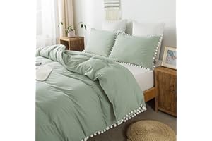 Softta Boho Bedding King White Vintage Pom-Fringe Pompom Duvet Cover 3 Pcs Bohemian Quilt Cover 100% Washed Cotton Baby Teen Girls Sage Green