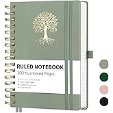 RETTACY Spiral Journal Notebook, 300 Numbered Pages, A5 Medium Size (5.7'' x 8.3''), for Men & Women, Journaling, Writing, Work & Office, Leather Hardcover, 100 GSM Thick Paper (Light Green)