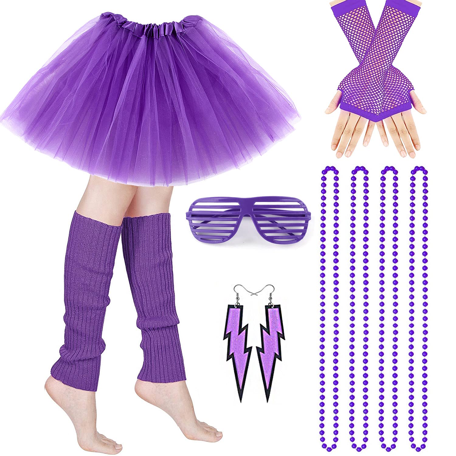 M MUNCASO 80s Fancy Dress Costume, 1980s Fancy Party Costume Set Adult Tutu Skirt with Leg Warmers Fishnet Gloves Neon Necklaces Bead Lighting Earrings Sunglasses for 80s Retro Party (Purple)