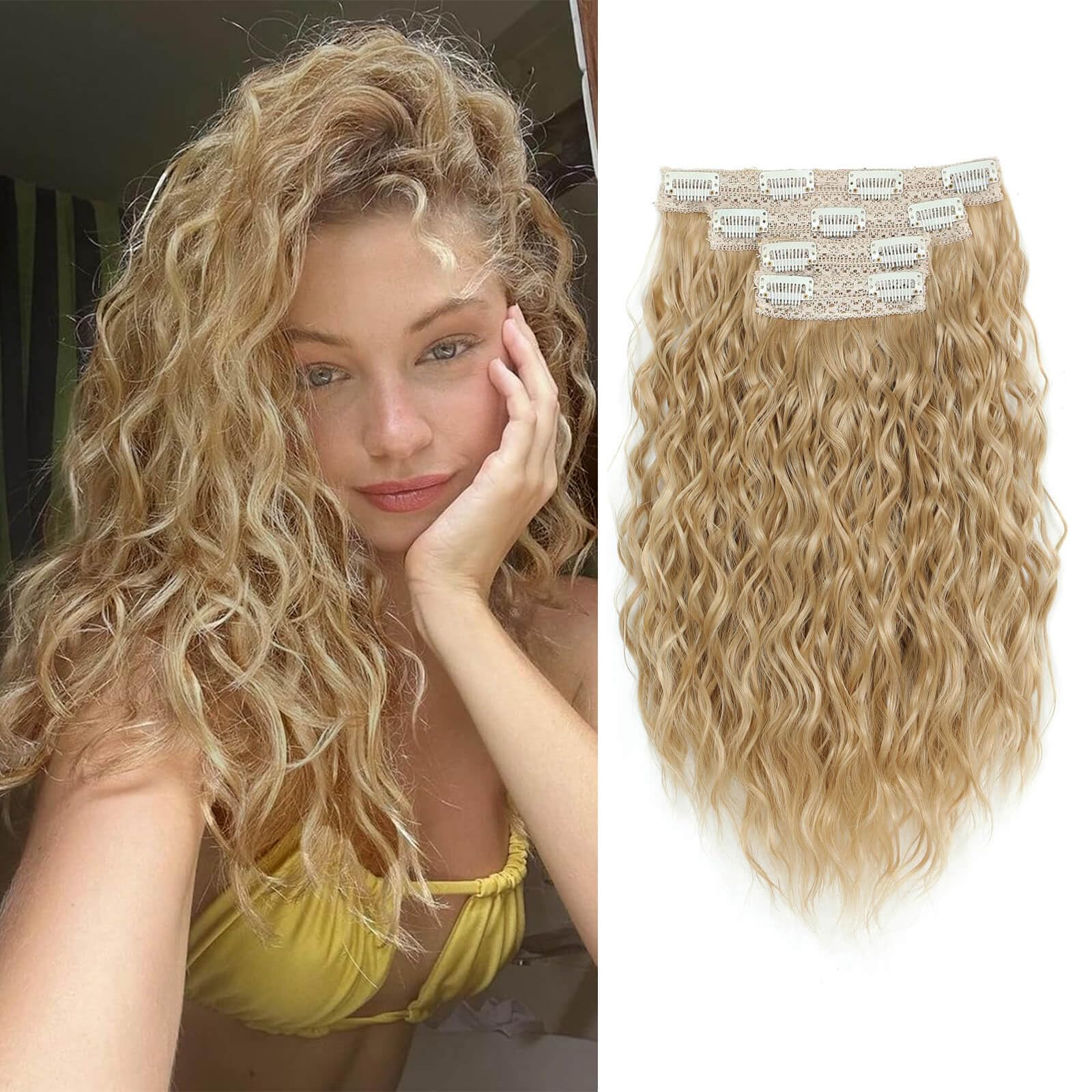 Flyroseing Hair Extensions Clip in,4PCS Blonde 14" Short Curly Hair Extensions Seamless Lace Weft Natural Soft Mermaid Waves Hairpieces for Women