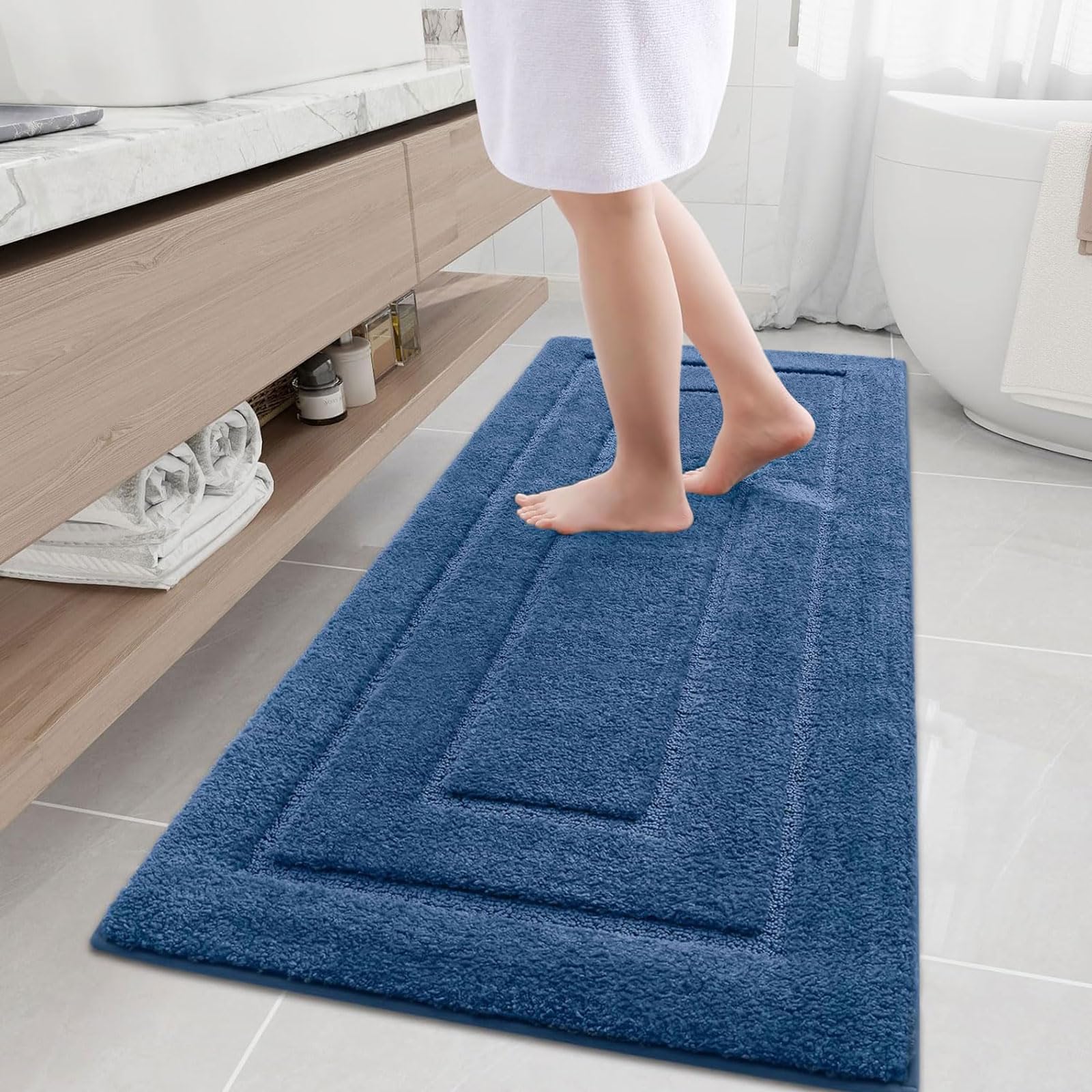 Photo 1 of Buganda Bathroom Rugs, 59" x 24", Soft and Absorbent Microfiber Bath Rugs, Non-Slip Shaggy Shower Carpet, Machine Wash Dry Bath Mats for Bathroom Floor, Tub and Shower, Navy