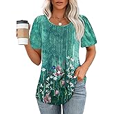 OFEEFAN Womens T Shirts Short Sleeve Pleated Dressy Casual Scooped Neck Summer Tops Blouses