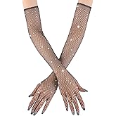 Rhinestone Fishnet Long Gloves for Women - Sparkly Mesh Elbow Length Gloves Party, Halloween, Wedding Glitter Glove