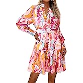 MASCOMODA Fall Dresses for Women 2024 Elegant Long Sleeve Button Short Floral Dress Chiffon A-Line Tie Waist Flowy Mini Dress