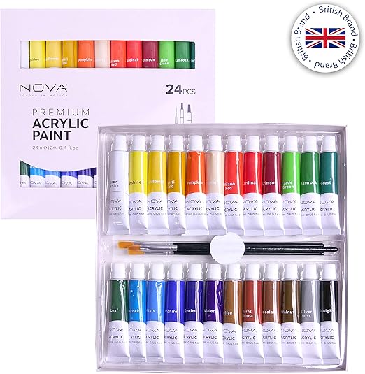 Nova Acrylic Paint Set (24 Pack) 12ml Each3 Free Brushes Blendable