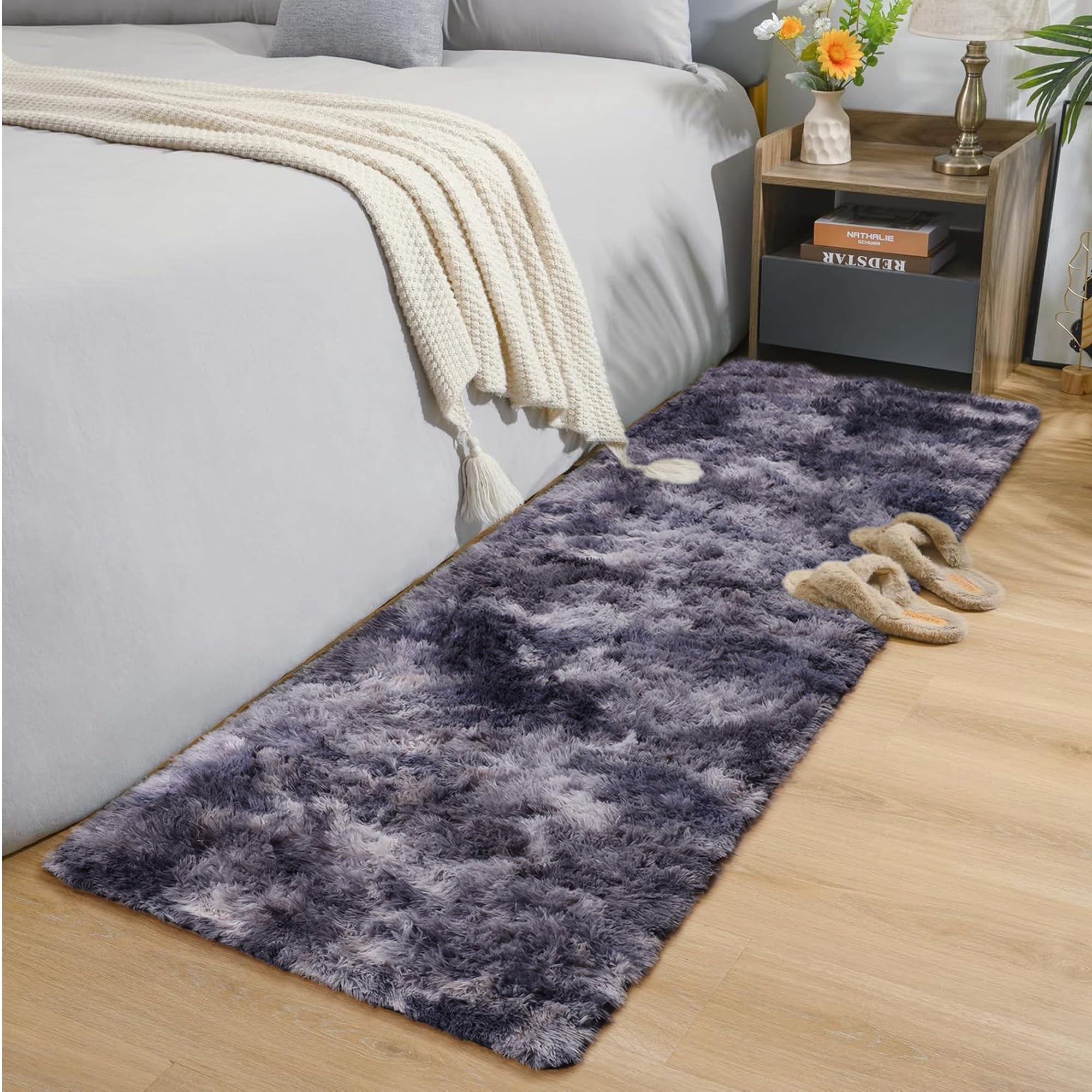 Oxford Homeware Rugs Living Room – Tie-Dye Dark Grey Area Rugs for Bedroom, Hallway Runner 60x220 cm Anti Slip – Modern Super Soft Plush Carpets Fluffy Shaggy Rug for Lounge – Non Shedding Bedside Rug