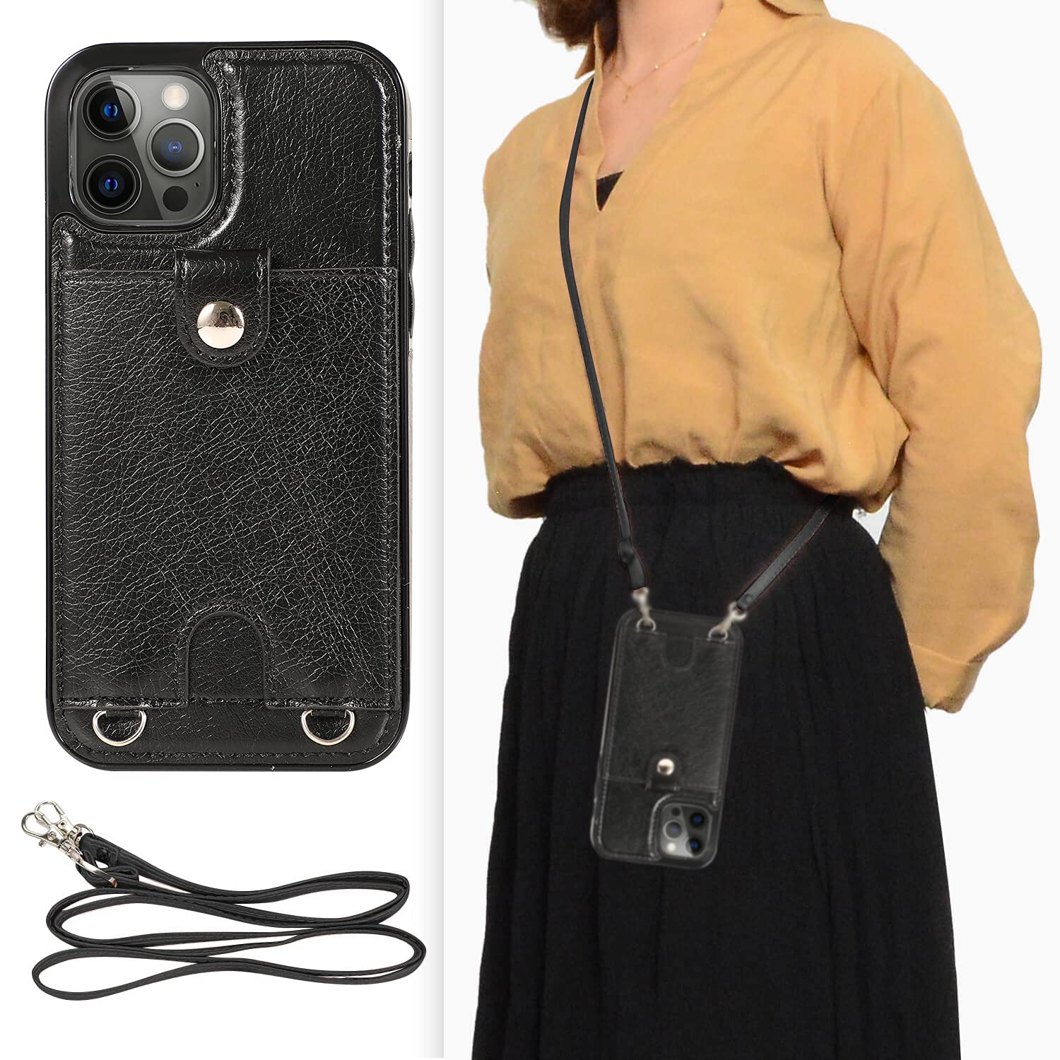 DEFBSC Lanyard Case for 6.1" iPhone 13 Pro,Adjustable Crossbody Lanyard Strap Premium PU Leather with Card Holder,Waterproof Protective Back Cover for iPhone 13 Pro - Black