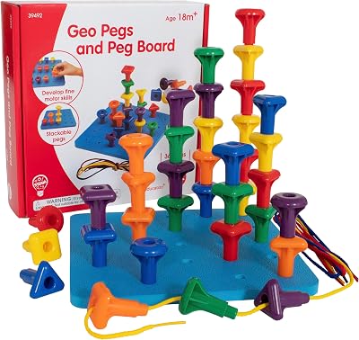 edxeducation Geo Pegs and Peg Board Set 36 Pegs 3 Shapes 6 Colours 18m+