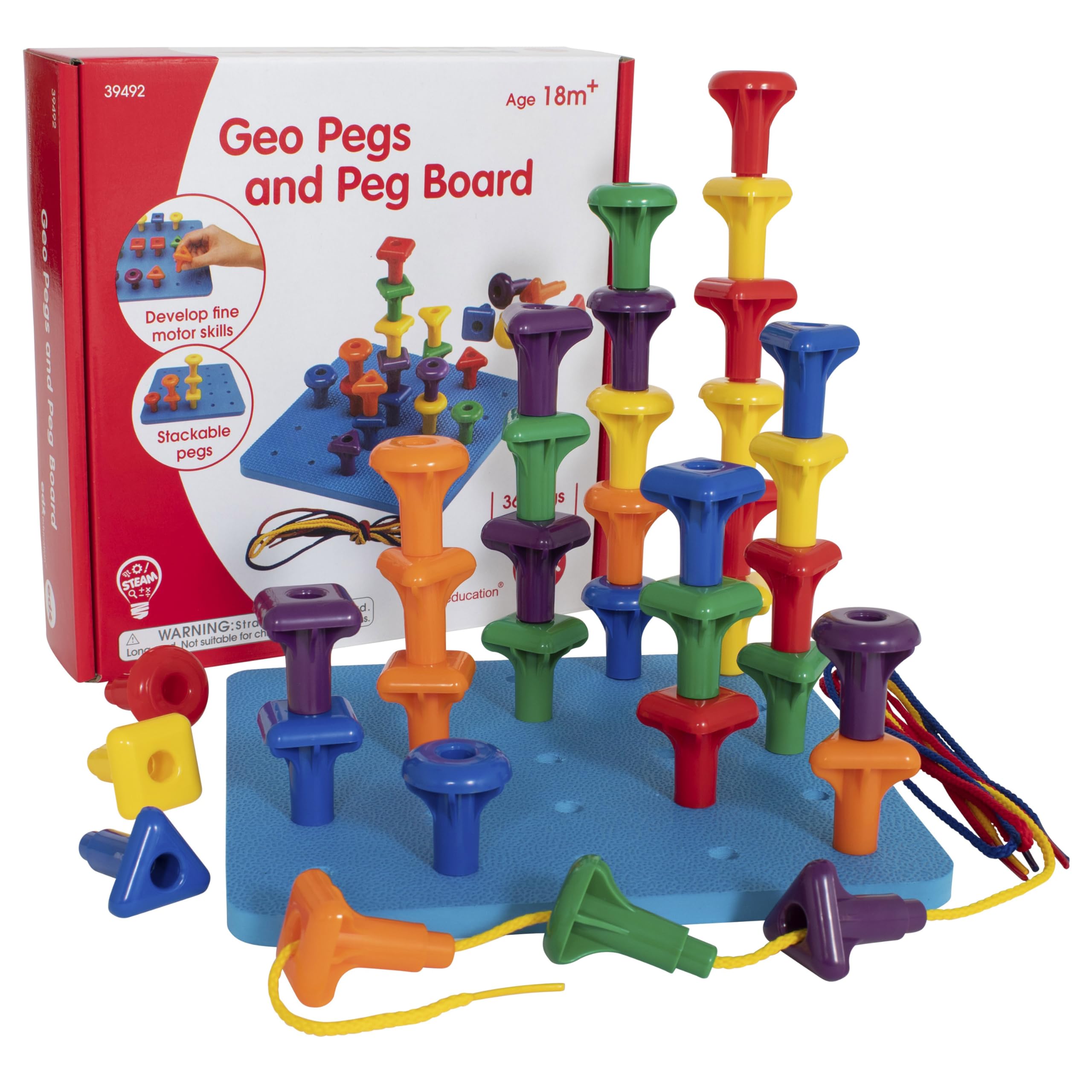edxeducation Geo Pegs and Peg Board Set | 36 Pegs in 3 Shapes and 6 Colours + 3 Laces | Ages 18m+ | Homeschooling Supplies for Preschool Activities