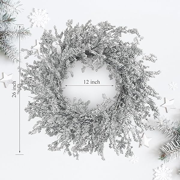 26 INCH WINTER FRONT DOOR WREATH SILVER BERRY WREATH WINTER CHRISTMAS WREATH WITH SILVER METALLIC BERRY ON FARMHOUSE GRAPEVINE FOR FESTIVAL CELEBRATION FRONT DOOR WALL WINDOW DECORATION HOME DÉCOR
