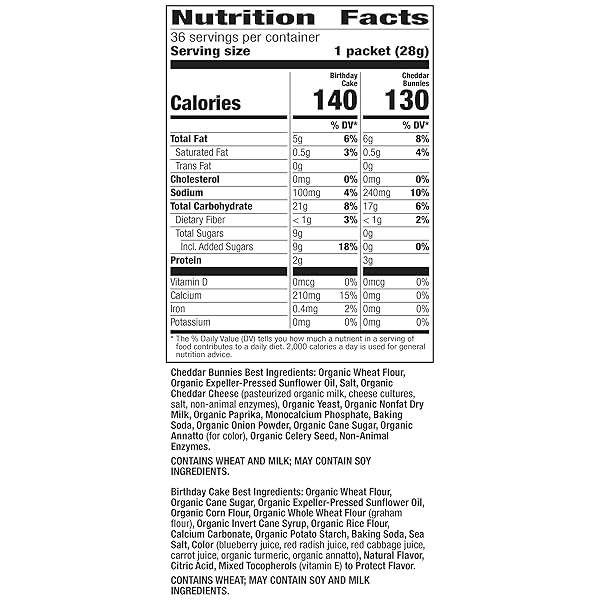 ANNIE’S ORGANIC BIRTHDAY CAKE BUNNY GRAHAMS AND CHEDDAR BUNNIES SNACK PACK 36 COUNT, 36 OZ