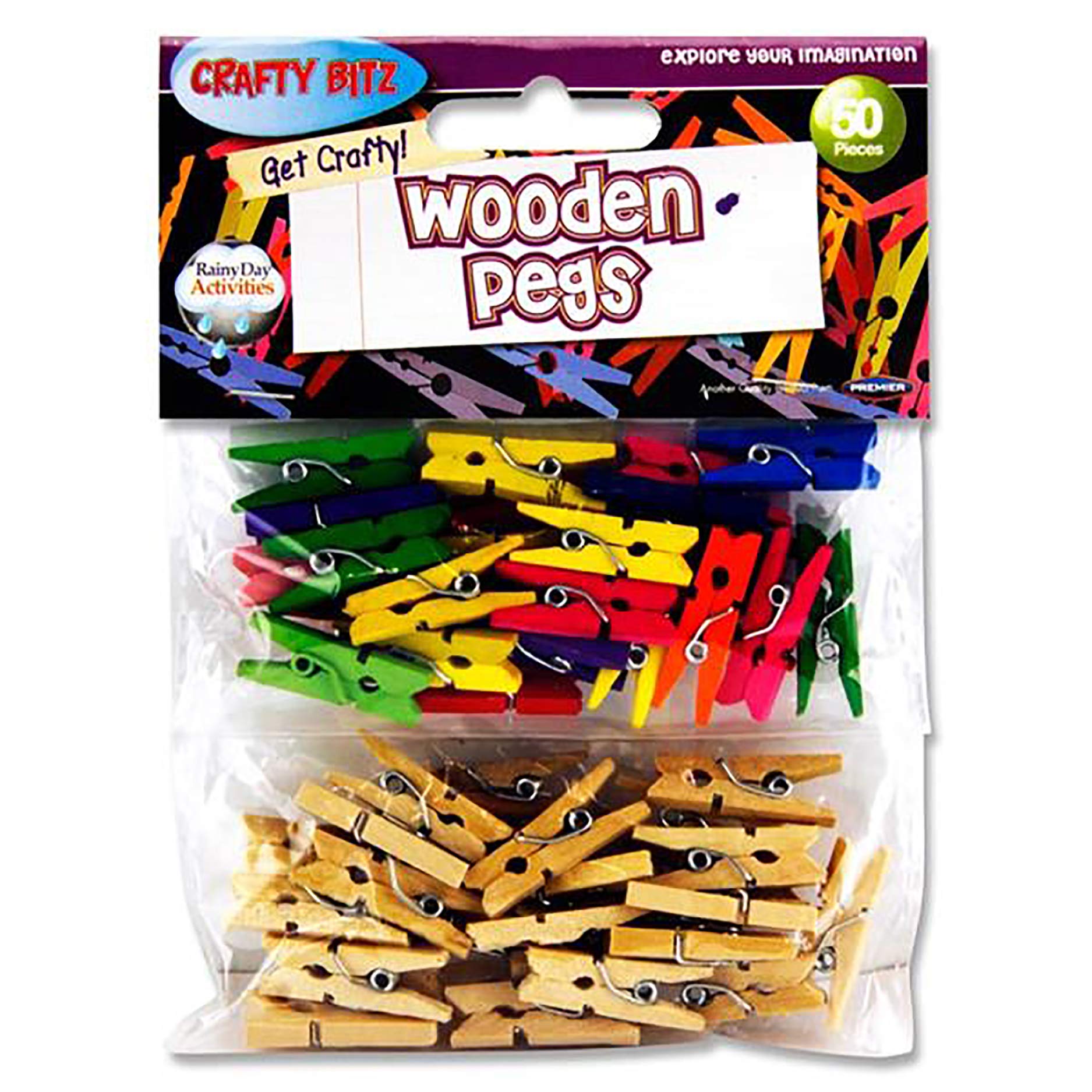 Premier Stationery Crafty Bitz Wooden Pegs. Assorted Colours. Pack of 50