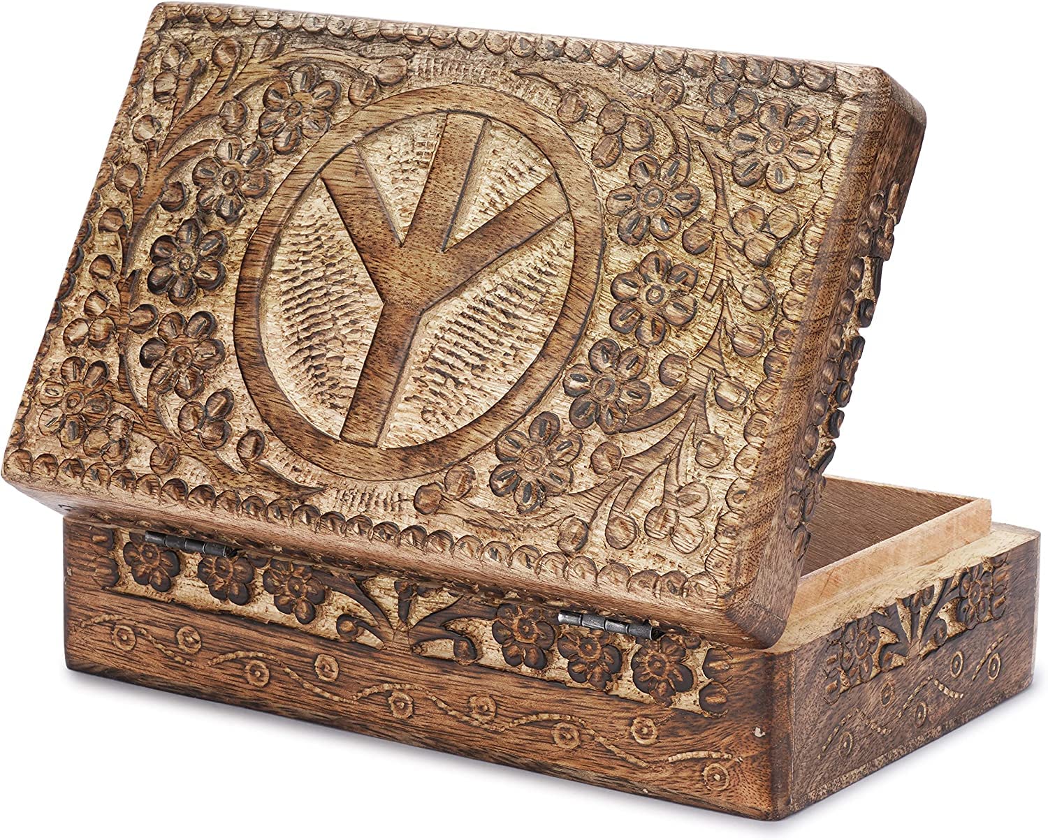 Ajuny Hand-Carved Wooden Jewellery Box – Peace Symbol Carving, Handmade Mango Wood Keepsake & Trinket Organiser, Decorative Treasure Chest Gift for Women & Men, 20 x 13 cm