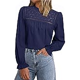Simplee Womens Eyelet Long Sleeve Tops Crochet Boho Lace Blouses for Women Dressy Casual Work Fall Trendy Shirts