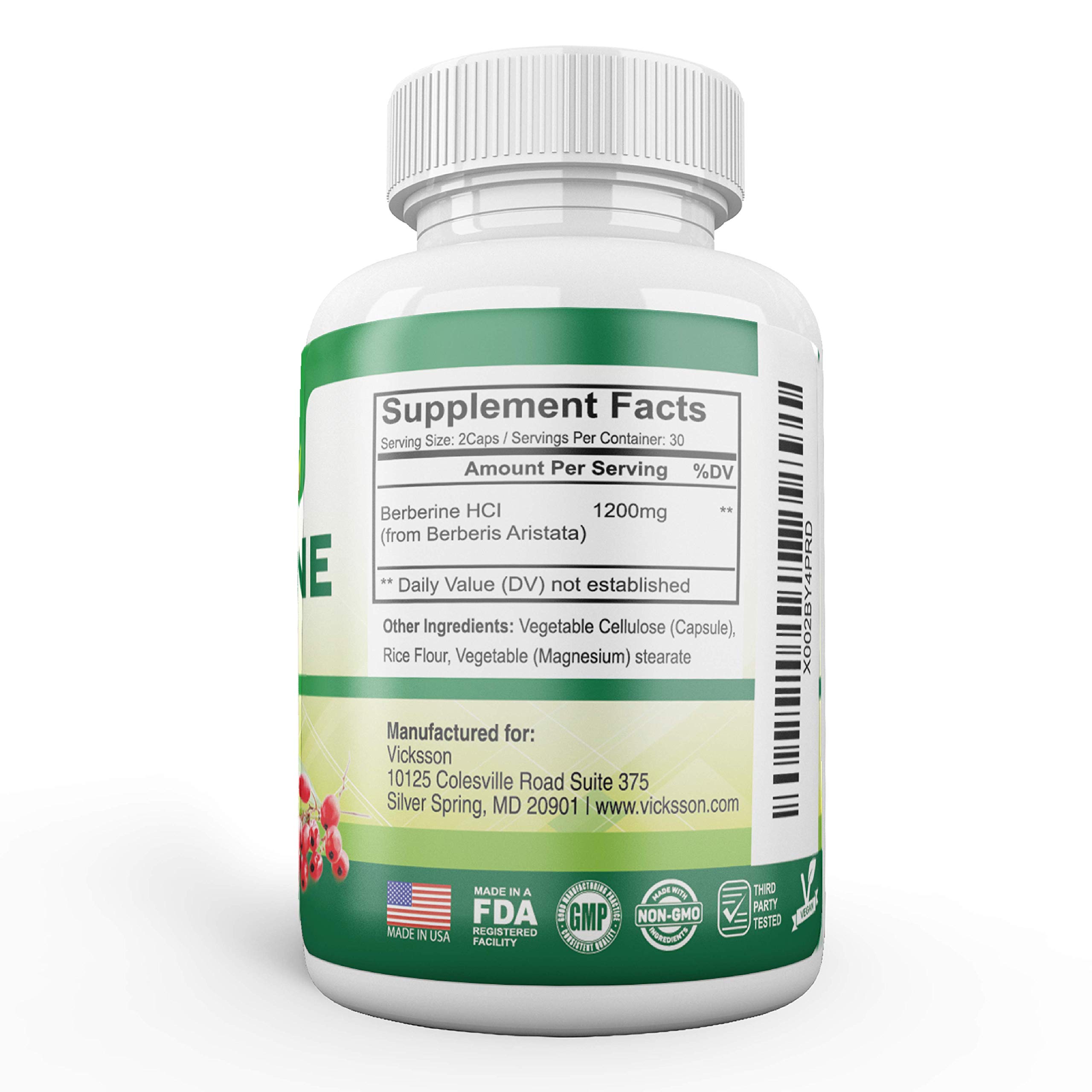 Vicksson Berberine HCL Supplement 1200mg, Supports Immune System, Glucose Metabolism, Blood Sugar, Insulin for Diabetes, Cardiovascular & Gastrointestinal Function, Weight Management | 60 Capsules