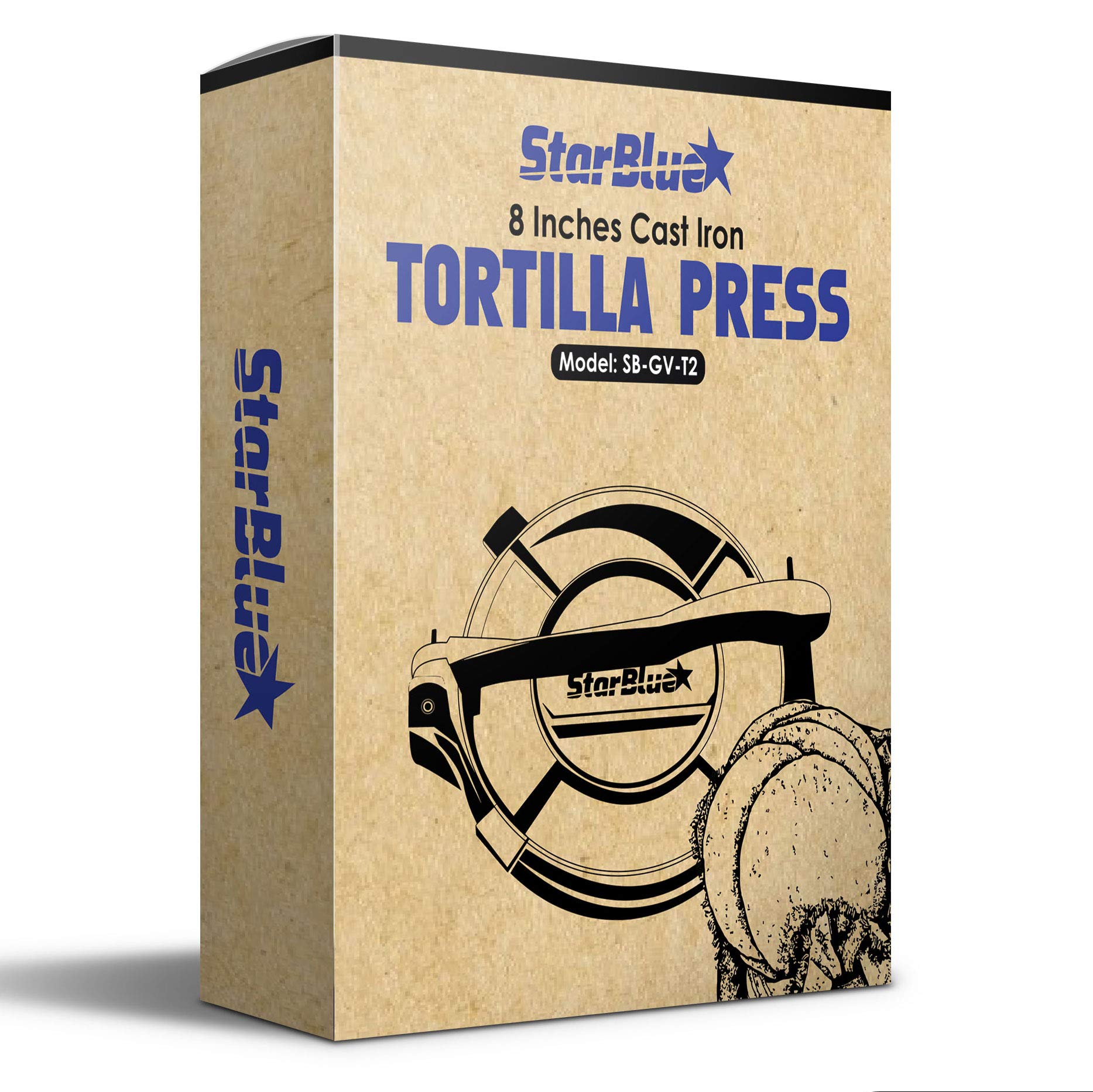 8 Inch Cast Iron Tortilla Press by StarBlue with FREE 100 Pieces Oil Paper and Recipes e-book - Tool to make Indian style Chapati, Flour Tortilla, Roti