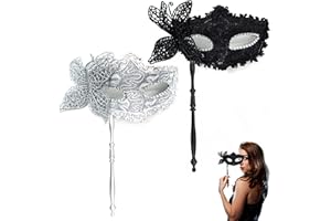 Masquerade Mask Set – 2 Elegant Butterfly Lace Masks with Handheld Stick + Black & White - Masquerade Mask with Stick