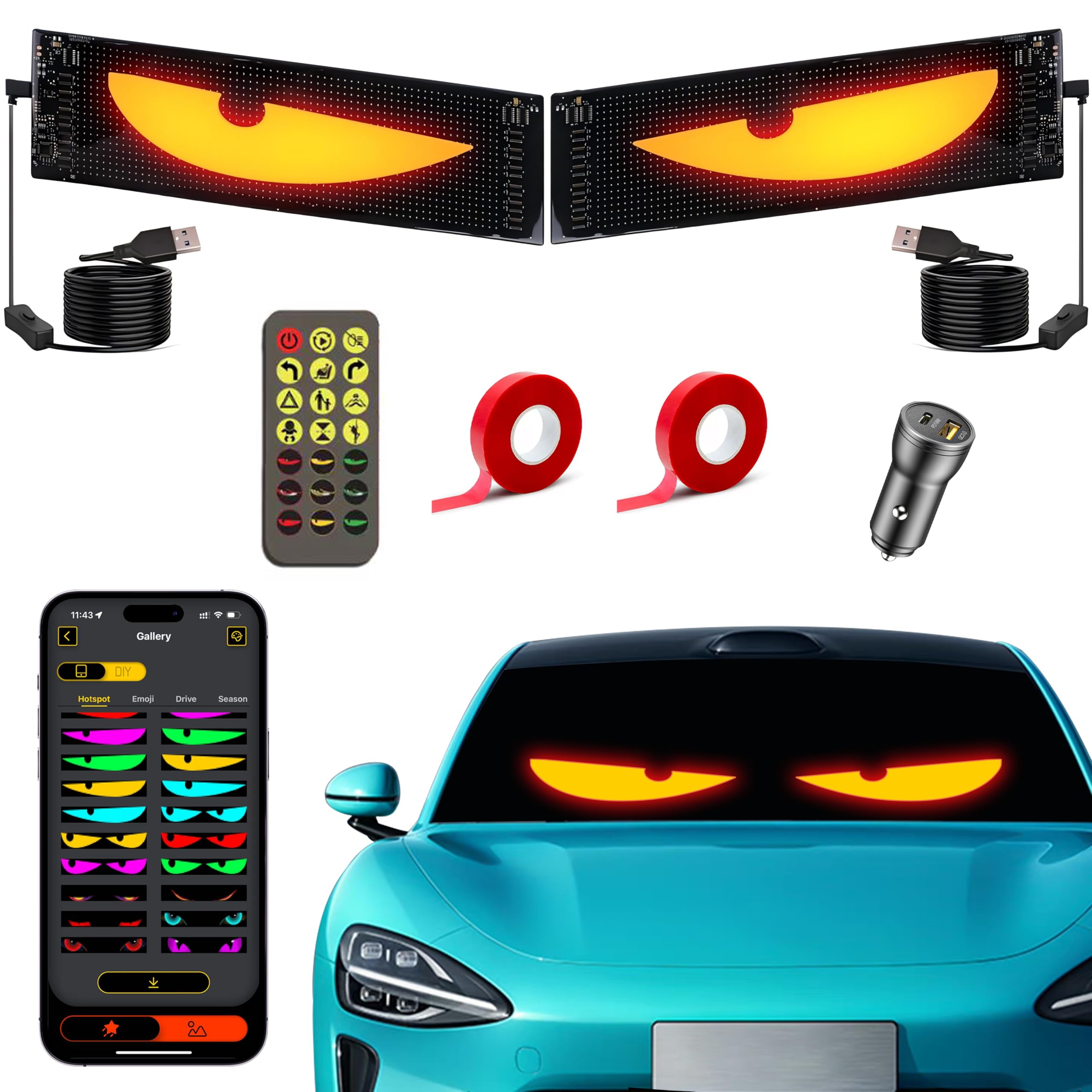 Photo 1 of LED Eyes for Car Windshield, 2PCS 15"x4" Ojos LED para carros, Devil Eyes Light for Car, Truck, SUVs, Idea, Remote & APP Control, Custom Text Pattern Animation Flexible Display