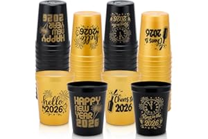 Ainibar 24 Pack New Year 2026 Party Cups - 16oz Reusable Black & Gold Plastic Stadium Tumblers, 4 Festive Designs for NYE Celebrations, Holiday Party Supplies