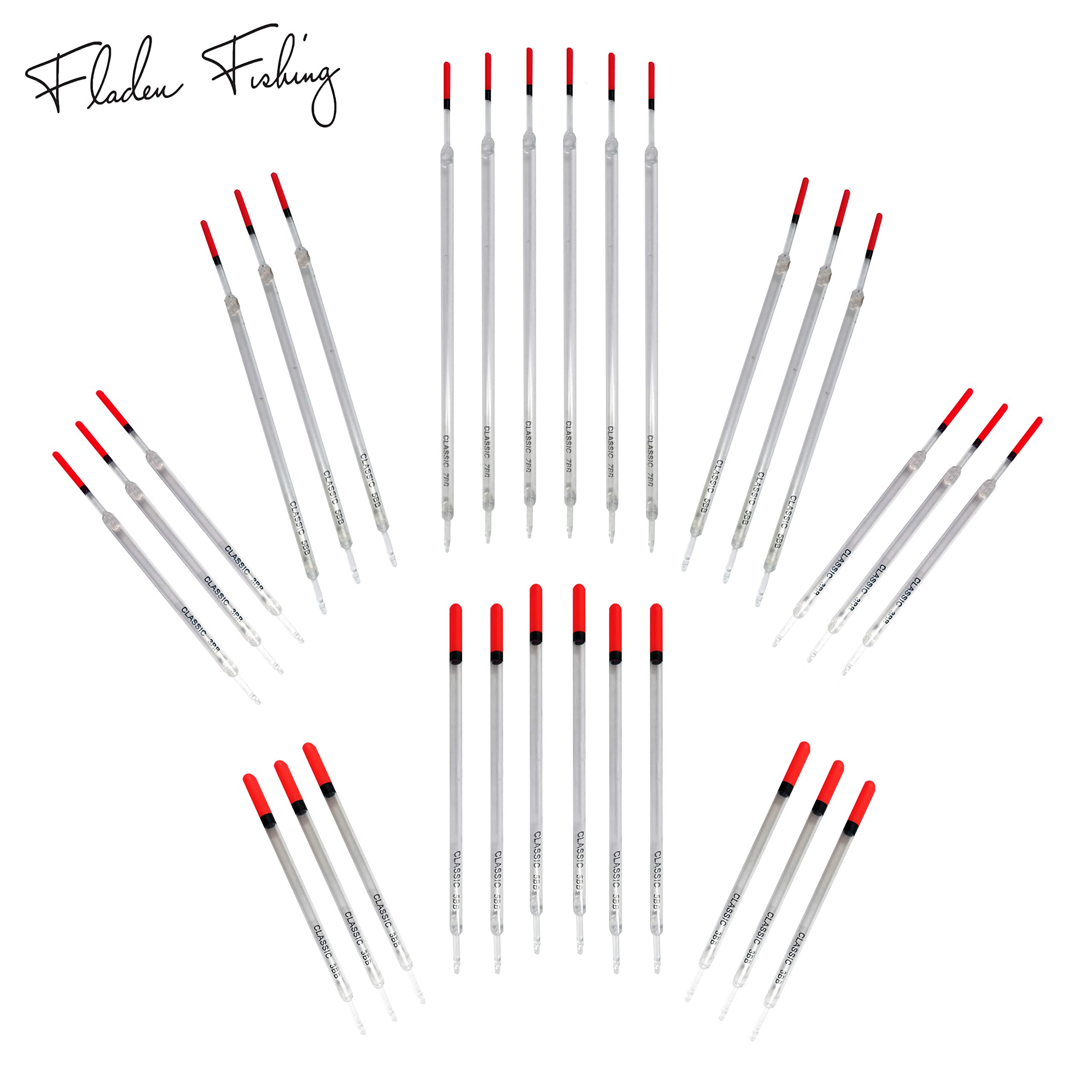 FLADEN Fishing - A set of 30 Assorted Waggler Floats Classic Clear Crystal with Hi-Viz Red Tips (13cm to 23cm) - For Most types of Coarse Fishing [40-072]