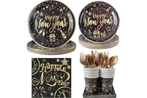 CIEOVO New Year Black Gold Party Tableware Set for 24 Guests Including Dinner Dessert Plates, Lunch Napkins, Cups, Knife, Fork and Spoon for New Year's Eve Party Celebration Supplies Decorations