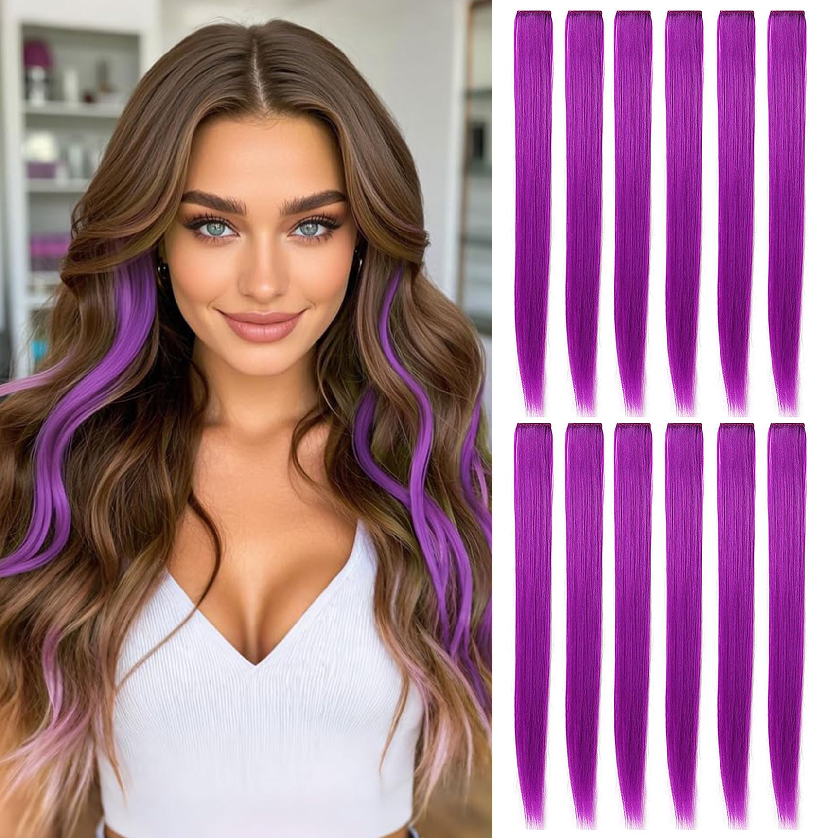 Fcysws 12Pcs Purple Hair Extensions Clip in Girls,21 Inch Heat-Resistant Synthetic Straight Hair Accessories for Women Girls Gift Party Highlights Hairpiece (Purple)