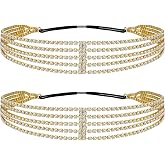ANCIRS 2 Pack Multi Layered Elastic Headband for Women, Adjustable Rhinestone Bridal Headpieces, Stretchy Crystal Jewelry Hair Bands Accessories for Girls- Gold