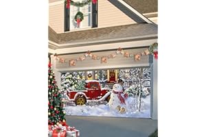 SINGINGIN Christmas Garage Door Banner Cover 7 x 16 ft, Merry Christmas Happy Snowman Red Truck Christmas Tree Christmas Garage Door Decorations Holiday Christmas Backdrop Decor for Winter New Year Xmas Party